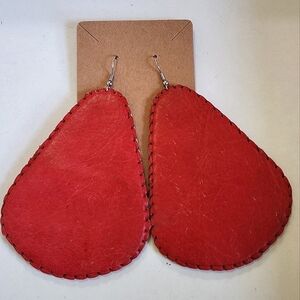 NWOT Leather Handcrafted Bold Red Teardrop Earrings with Gold Hooks